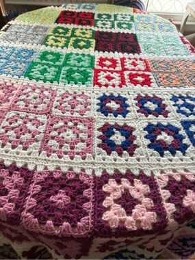handcrafted multicolored crocheted granny square throw afghan blanket.